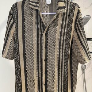 Zara Men's Casual Black and Tan Patterned Shirt